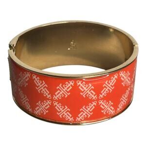 Lands End Orange Enamel White Logo Gold Tone Hinge Bangle Bracelet
